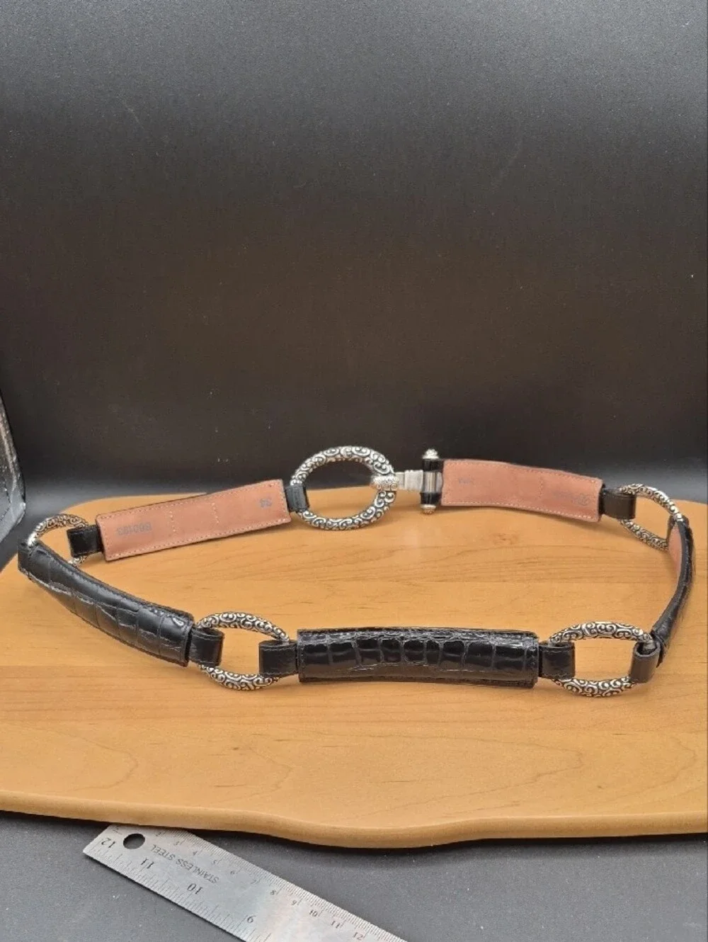 Vintage Brighton B60193 Black Croc Patent Leather Hook Belt Size 34